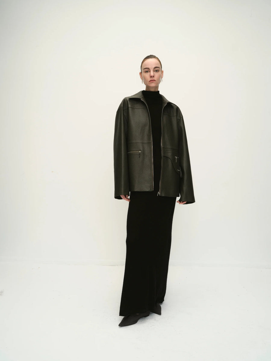 Cosmo Midi Leather Jacket Khaki