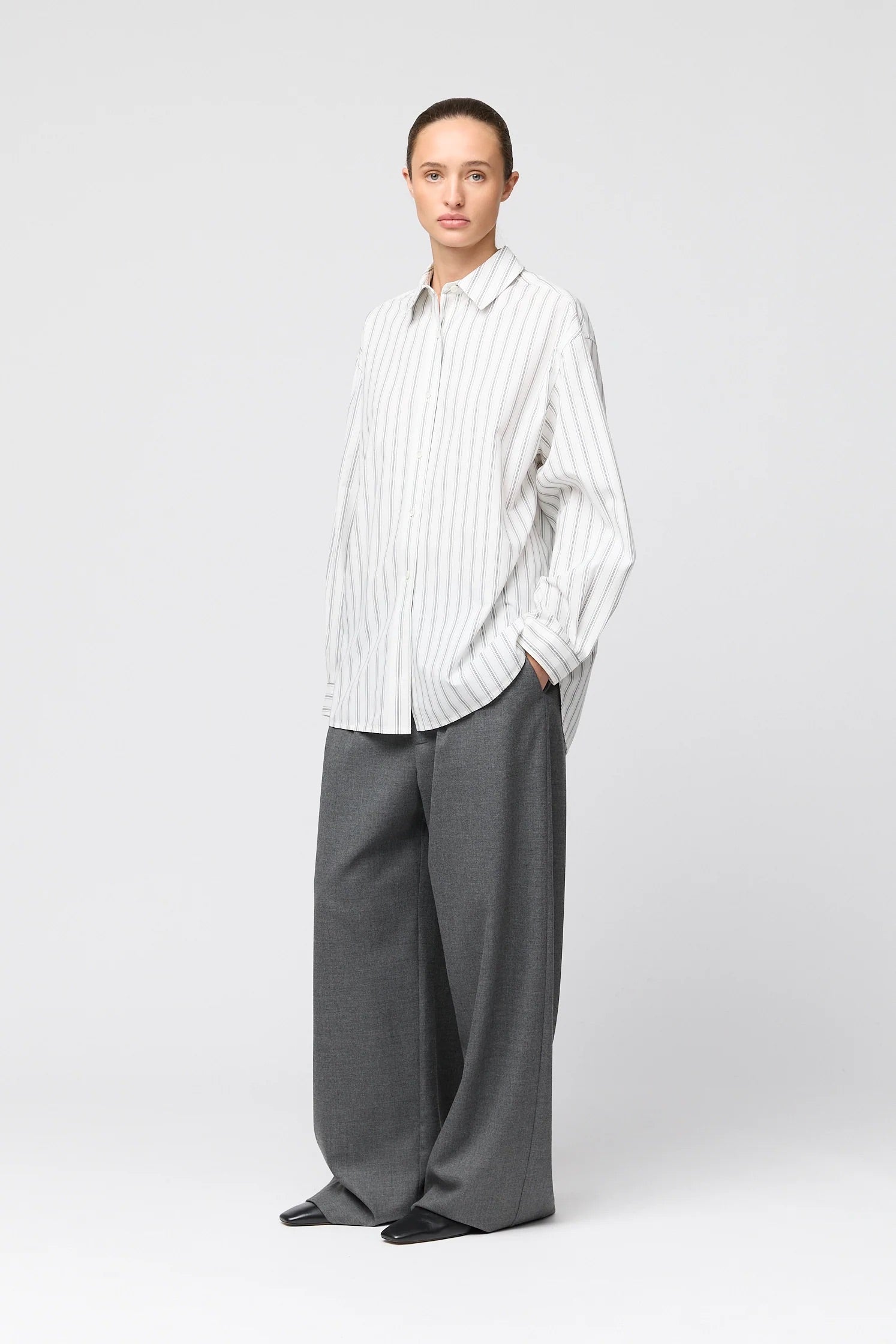 Poplin Workwear Shirt - White/Black/Grey Pinstripe