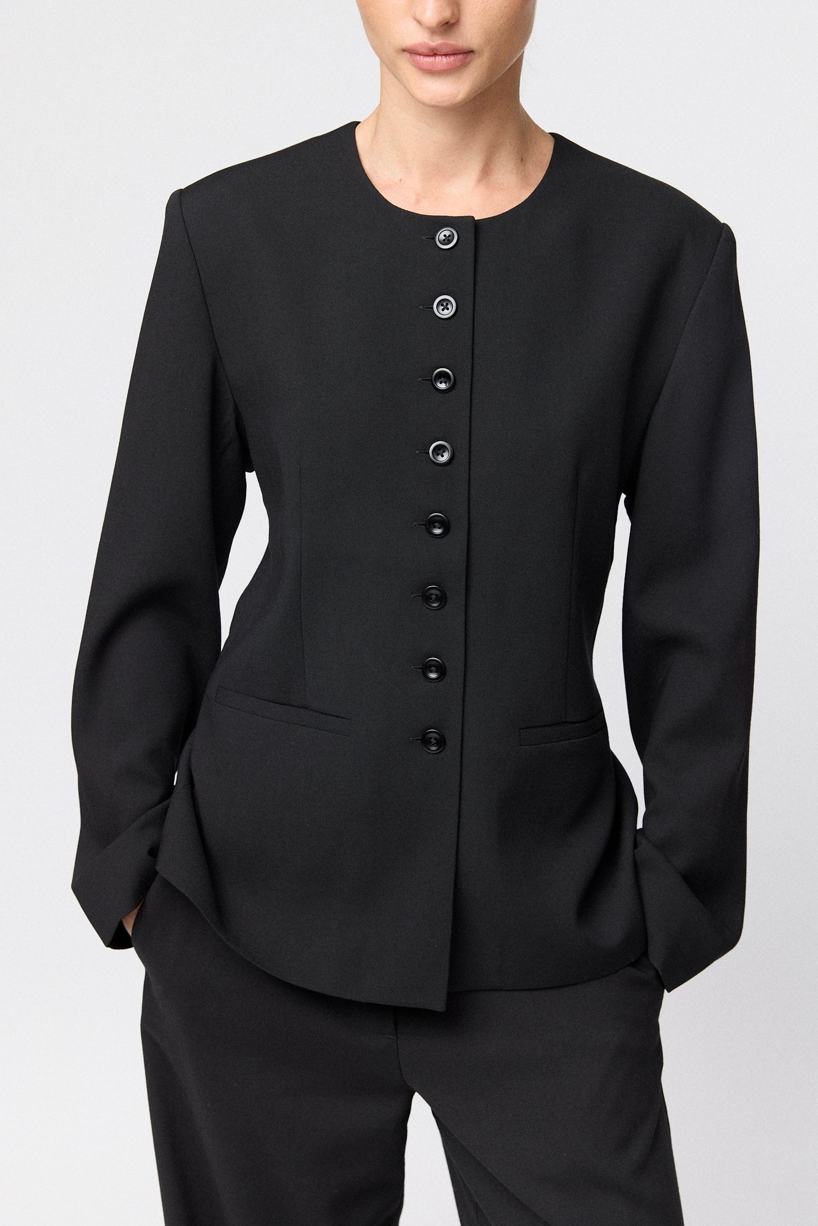 Tailored Round Neck Blazer - Jet Black