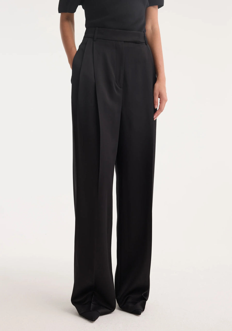 High-Waist Satin Trousers Black