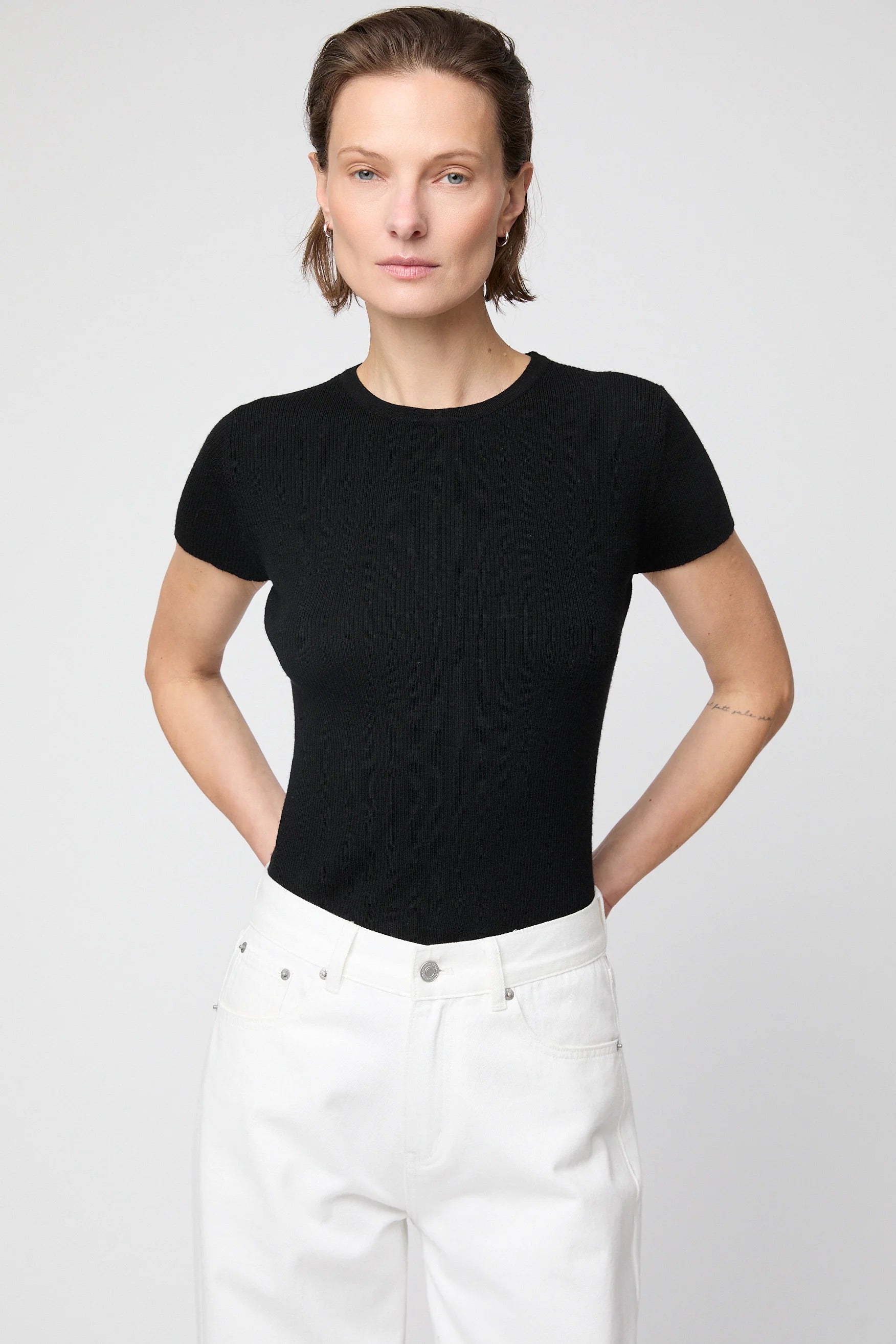 Rib Knit Cap Sleeve Tee - Jet Black
